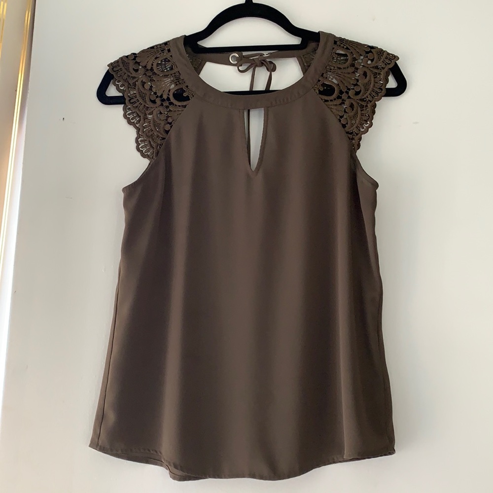 Express army green/ brown blouse with lace cap sleeves and open back